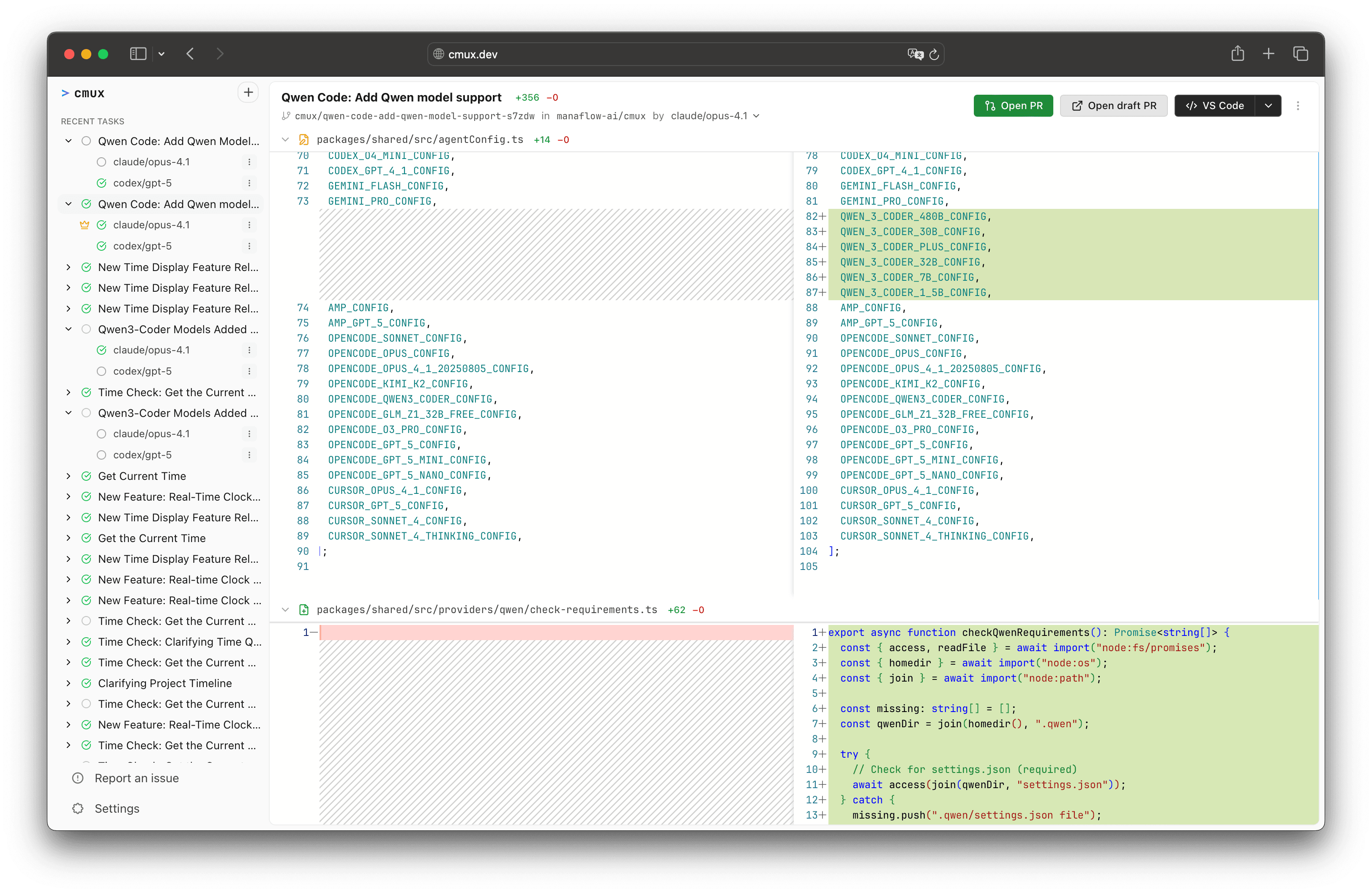 cmux verification view highlighting git changes and previews