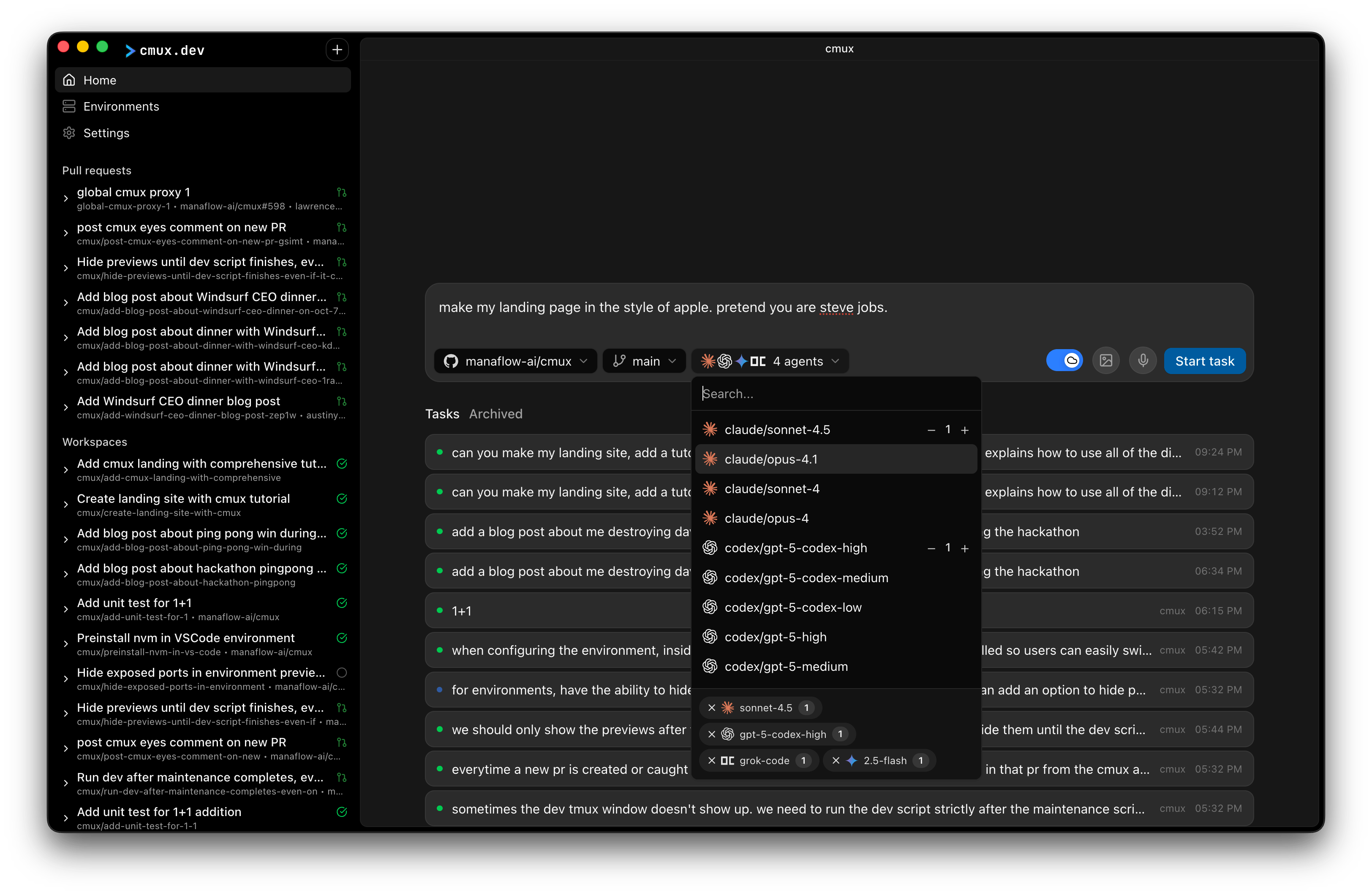 cmux dashboard showing parallel AI agents
